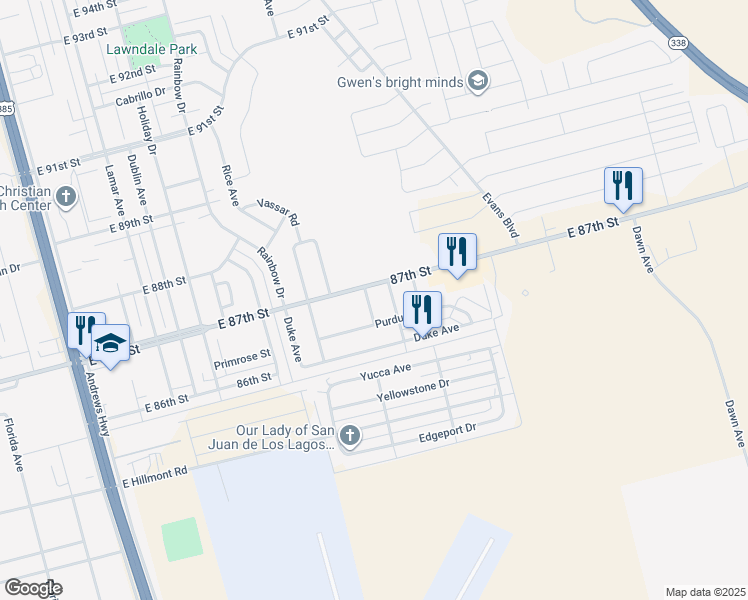 map of restaurants, bars, coffee shops, grocery stores, and more near 8638 Notre Dame Avenue in Odessa