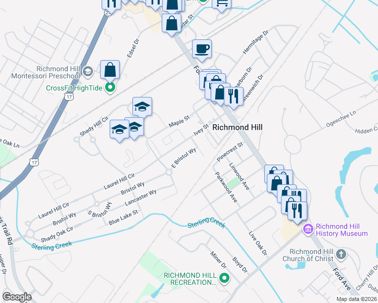 map of restaurants, bars, coffee shops, grocery stores, and more near 753 East Bristol Way in Richmond Hill