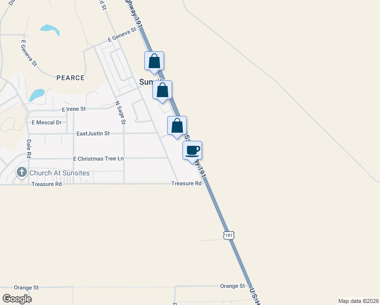 map of restaurants, bars, coffee shops, grocery stores, and more near 123 North Frontage Road in Cochise County