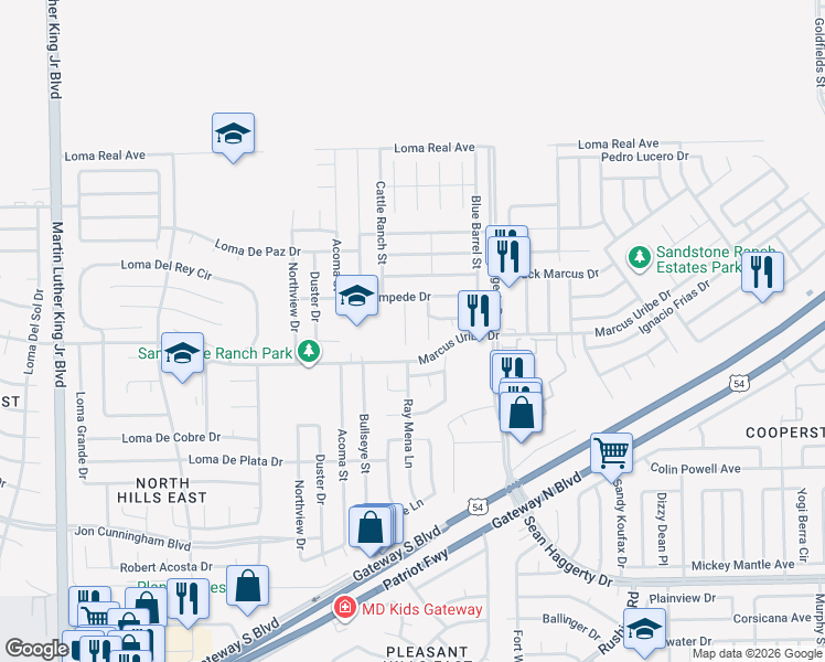 map of restaurants, bars, coffee shops, grocery stores, and more near 11224 Horse Ranch Street in El Paso