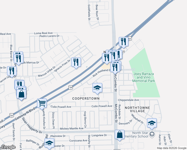 map of restaurants, bars, coffee shops, grocery stores, and more near 5661 Rick Husband Drive in El Paso