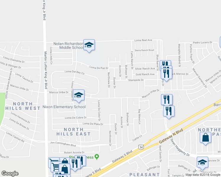 map of restaurants, bars, coffee shops, grocery stores, and more near 11228 Northview Drive in El Paso