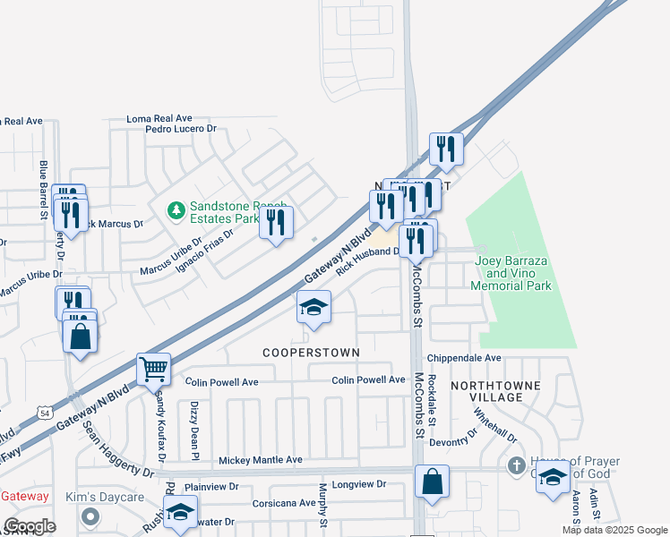 map of restaurants, bars, coffee shops, grocery stores, and more near 5661 Rick Husband Drive in El Paso
