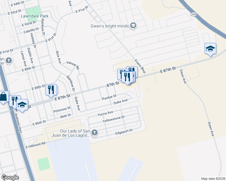 map of restaurants, bars, coffee shops, grocery stores, and more near 8629 Yale Avenue in Odessa