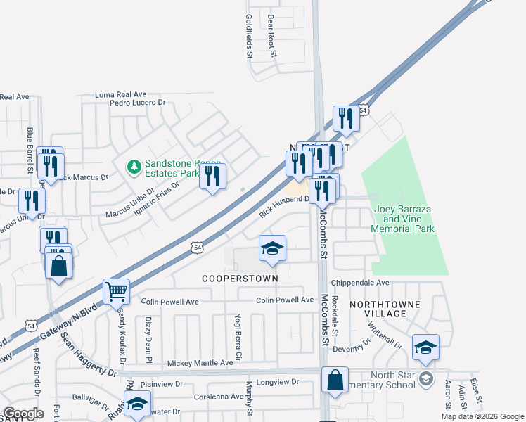 map of restaurants, bars, coffee shops, grocery stores, and more near 5661 Rick Husband Drive in El Paso