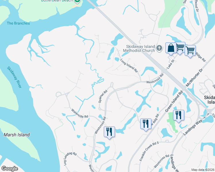 map of restaurants, bars, coffee shops, grocery stores, and more near 9 Shearwater Court in Savannah