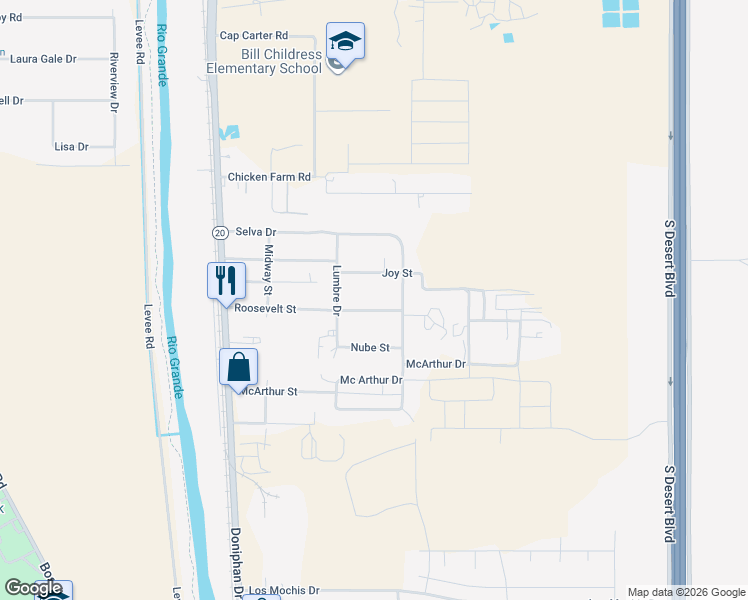 map of restaurants, bars, coffee shops, grocery stores, and more near 341 Roosevelt St in Canutillo