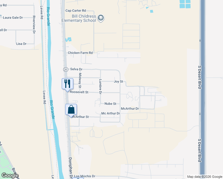map of restaurants, bars, coffee shops, grocery stores, and more near 341 Roosevelt Street in Canutillo