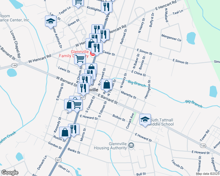 map of restaurants, bars, coffee shops, grocery stores, and more near 110 North Tillman Street in Glennville