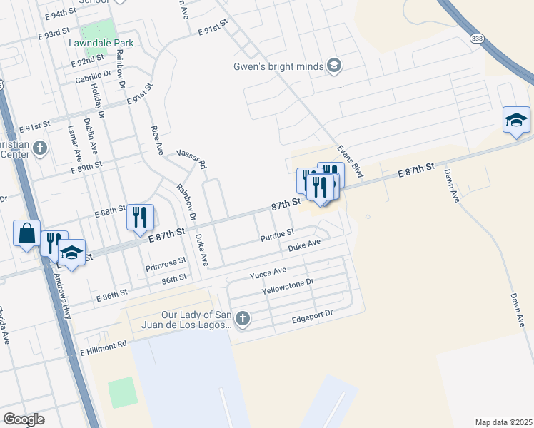 map of restaurants, bars, coffee shops, grocery stores, and more near 8638 Notre Dame Avenue in Odessa