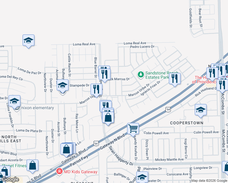 map of restaurants, bars, coffee shops, grocery stores, and more near 11401 Victor Flores Place in El Paso