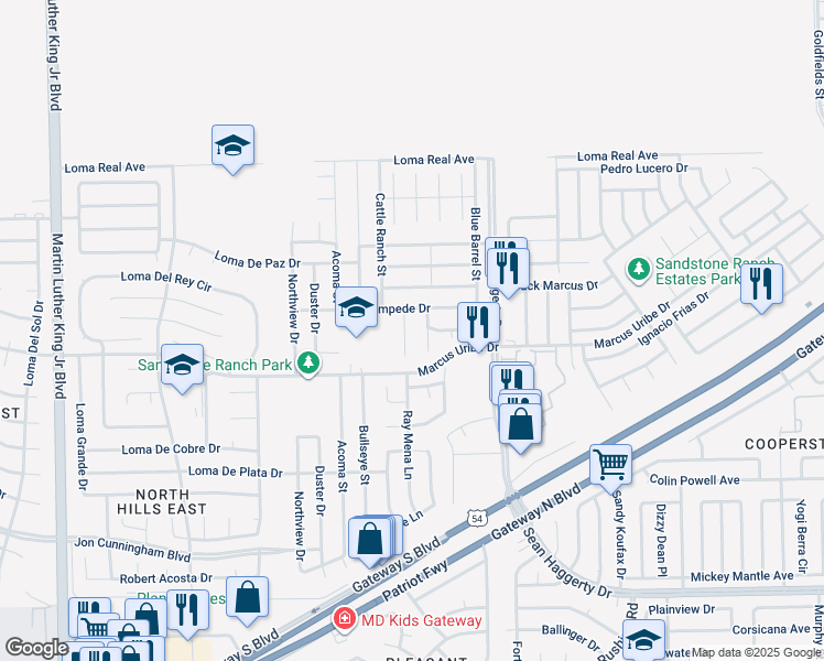 map of restaurants, bars, coffee shops, grocery stores, and more near 11236 Horse Ranch Street in El Paso