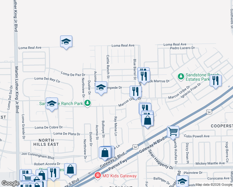 map of restaurants, bars, coffee shops, grocery stores, and more near 11224 Horse Ranch Street in El Paso