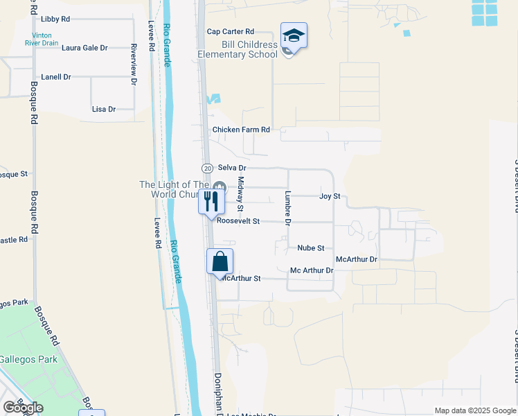map of restaurants, bars, coffee shops, grocery stores, and more near 271 Roosevelt Street in Canutillo