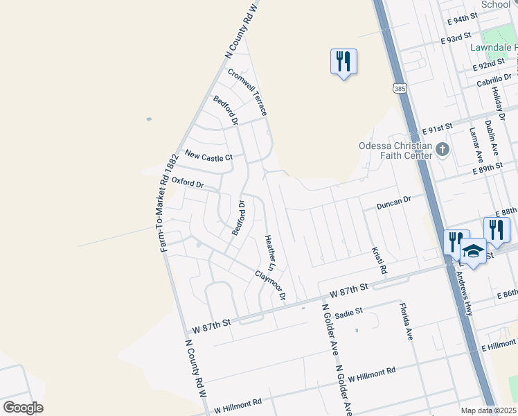 map of restaurants, bars, coffee shops, grocery stores, and more near 9118 Bedford Dr in Odessa