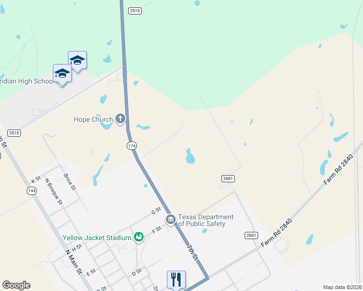 map of restaurants, bars, coffee shops, grocery stores, and more near 259 County Road 2130 in Meridian