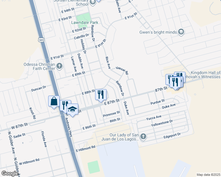 map of restaurants, bars, coffee shops, grocery stores, and more near 8737 Cornell Avenue in Odessa