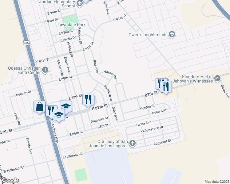 map of restaurants, bars, coffee shops, grocery stores, and more near 43 East Harvard Circle in Odessa