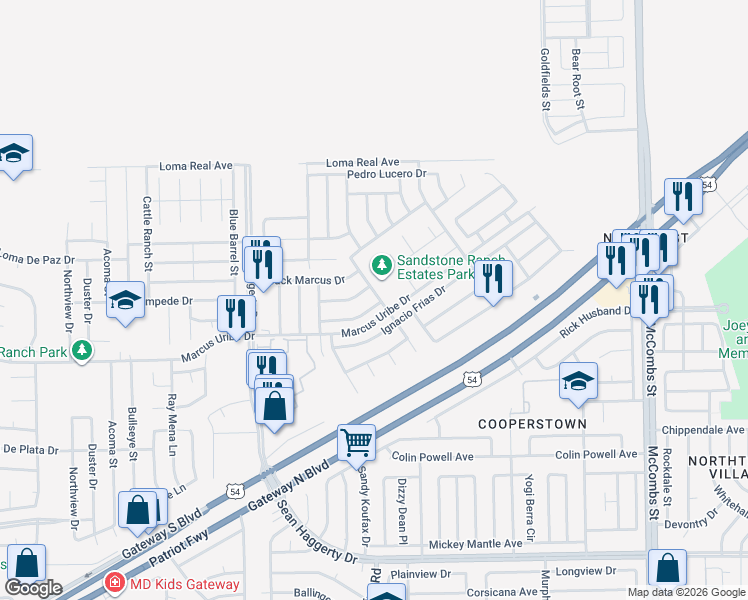 map of restaurants, bars, coffee shops, grocery stores, and more near 5397 Isaias Avalos Lane in El Paso