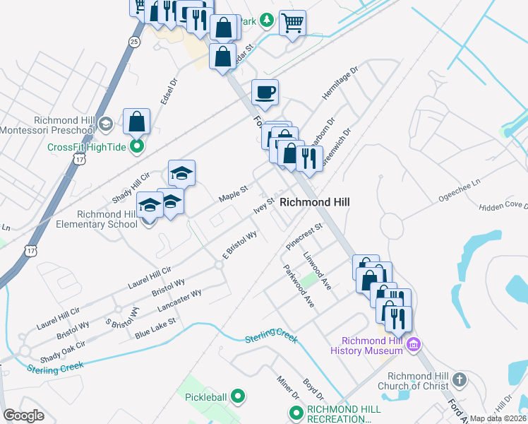map of restaurants, bars, coffee shops, grocery stores, and more near 141 Ivey Street in Richmond Hill