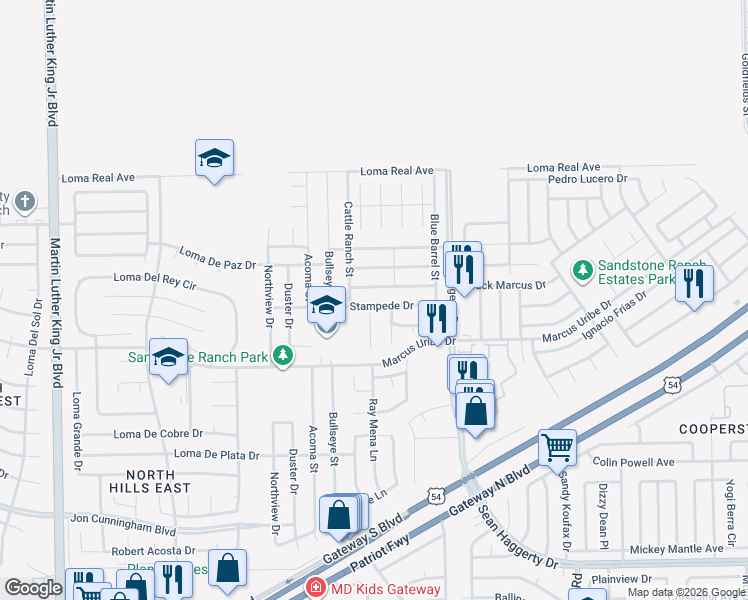 map of restaurants, bars, coffee shops, grocery stores, and more near 4921 Stampede Drive in El Paso