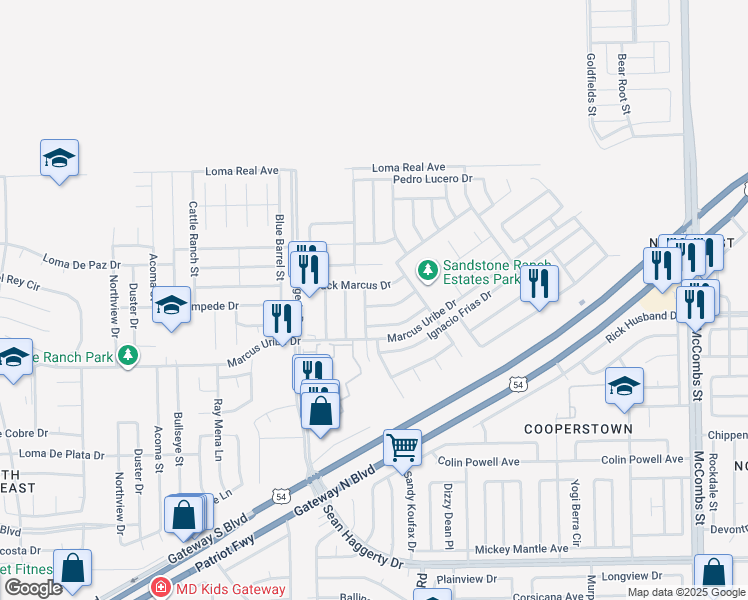 map of restaurants, bars, coffee shops, grocery stores, and more near 11437 Marcos Lucero Place in El Paso