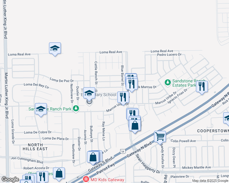 map of restaurants, bars, coffee shops, grocery stores, and more near 5029 Stampede Drive in El Paso