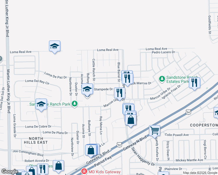 map of restaurants, bars, coffee shops, grocery stores, and more near 5029 Stampede Drive in El Paso