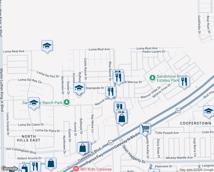 map of restaurants, bars, coffee shops, grocery stores, and more near 5029 Stampede Drive in El Paso