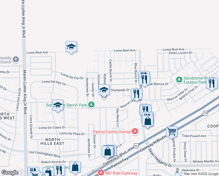 map of restaurants, bars, coffee shops, grocery stores, and more near 11264 Bullseye Street in El Paso