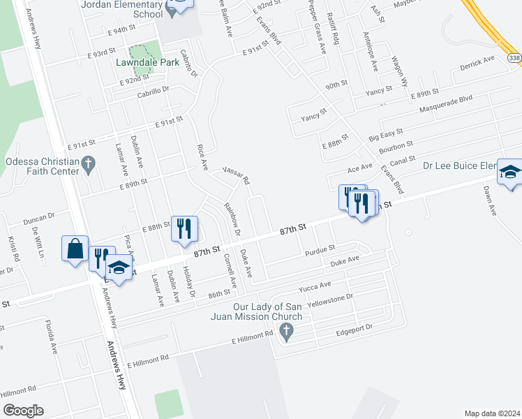 map of restaurants, bars, coffee shops, grocery stores, and more near 43 East Harvard Circle in Odessa