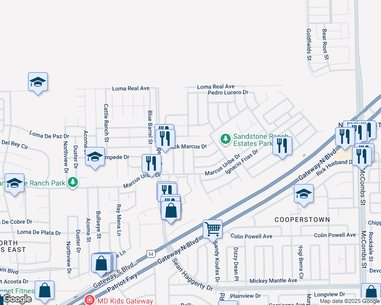 map of restaurants, bars, coffee shops, grocery stores, and more near 11437 Marcos Lucero Place in El Paso