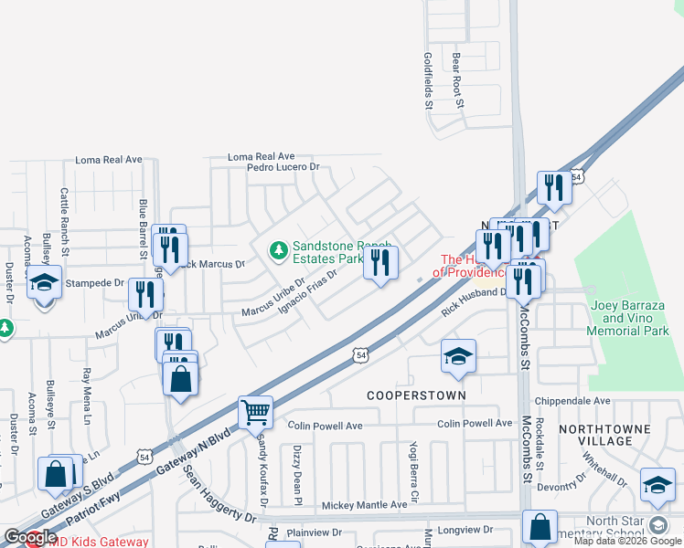 map of restaurants, bars, coffee shops, grocery stores, and more near 5460 Ignacio Frias Drive in El Paso