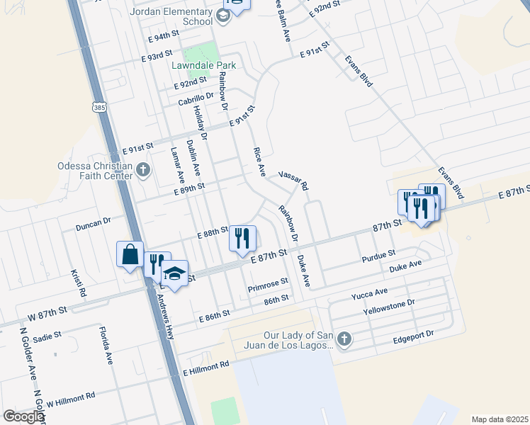 map of restaurants, bars, coffee shops, grocery stores, and more near 8748 Cornell Ave in Odessa