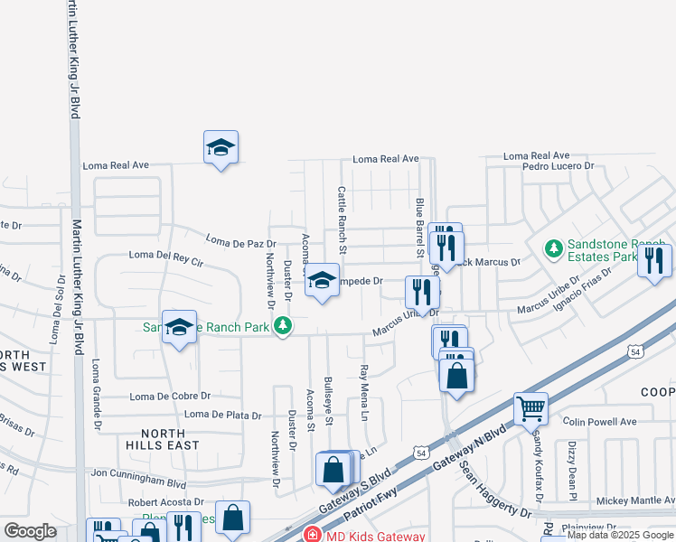 map of restaurants, bars, coffee shops, grocery stores, and more near 11264 Bullseye Street in El Paso