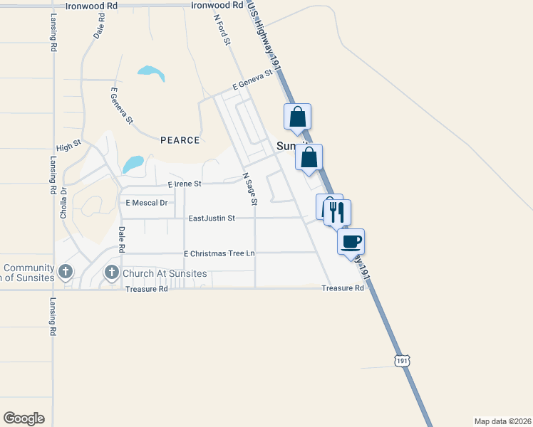 map of restaurants, bars, coffee shops, grocery stores, and more near 1203 EastJustin Street in Sunsites
