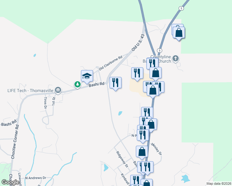 map of restaurants, bars, coffee shops, grocery stores, and more near 1922 Bashi Road in Thomasville