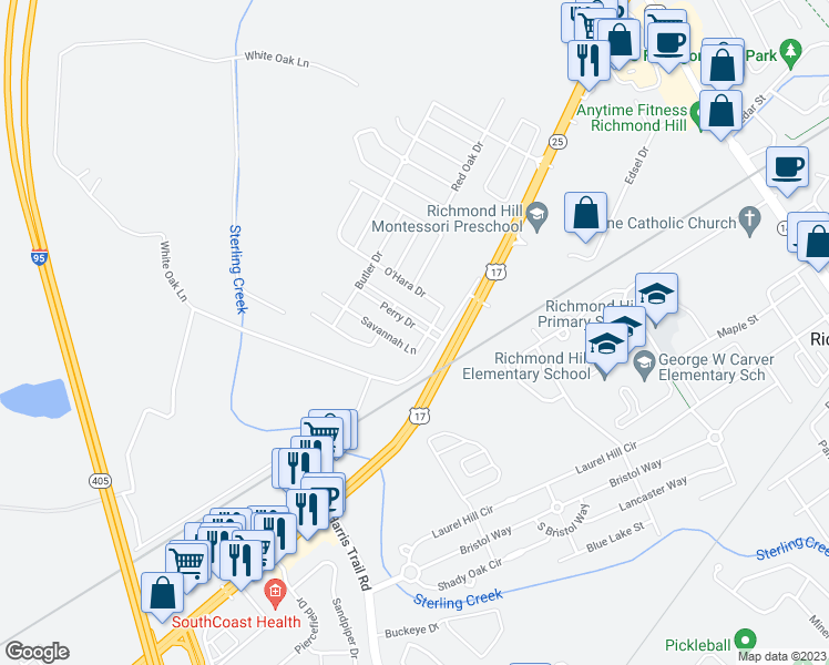 map of restaurants, bars, coffee shops, grocery stores, and more near 45 Perry Drive in Richmond Hill