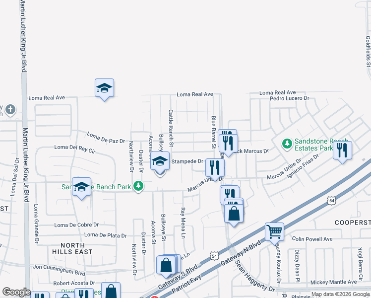 map of restaurants, bars, coffee shops, grocery stores, and more near 4921 Stampede Drive in El Paso