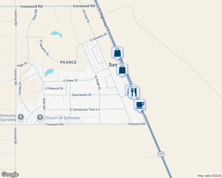 map of restaurants, bars, coffee shops, grocery stores, and more near 1208 EastJustin Street in Cochise County