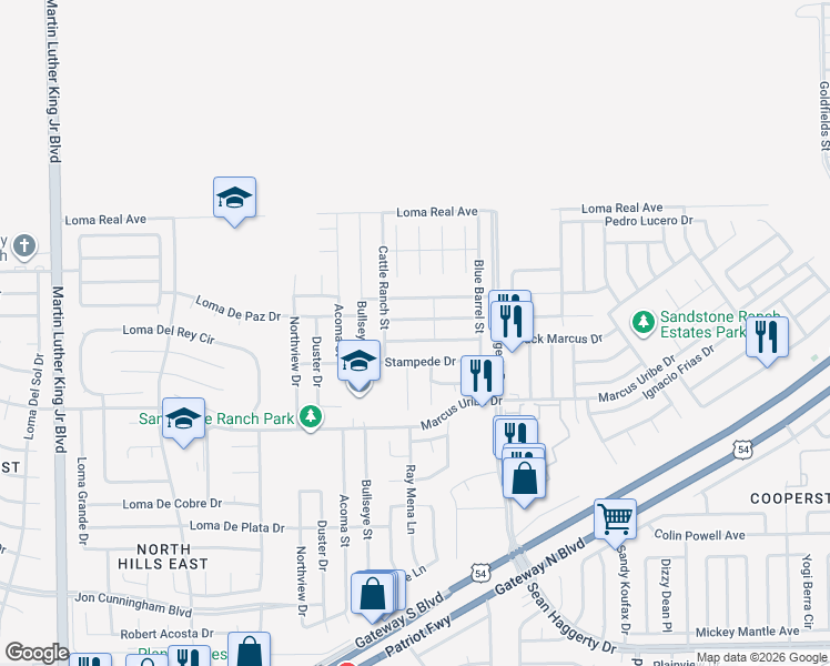 map of restaurants, bars, coffee shops, grocery stores, and more near 4921 Stampede Drive in El Paso