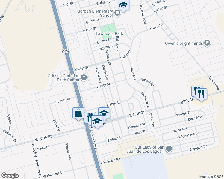 map of restaurants, bars, coffee shops, grocery stores, and more near 8838 Dublin Avenue in Odessa