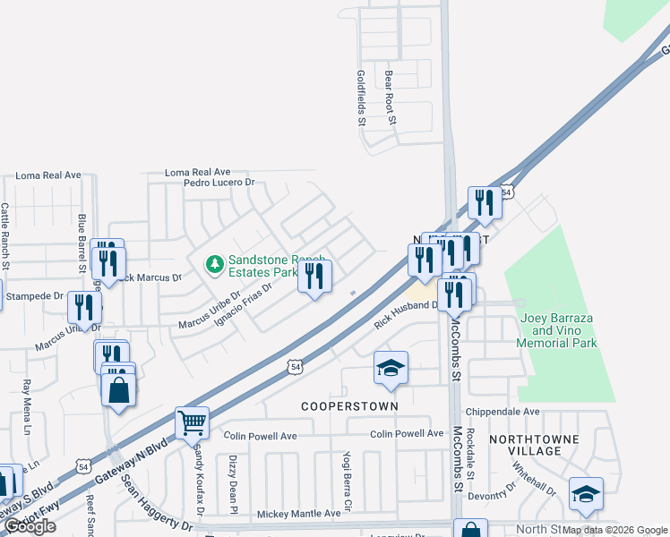 map of restaurants, bars, coffee shops, grocery stores, and more near 5549 Gustavo Madrid Lane in El Paso
