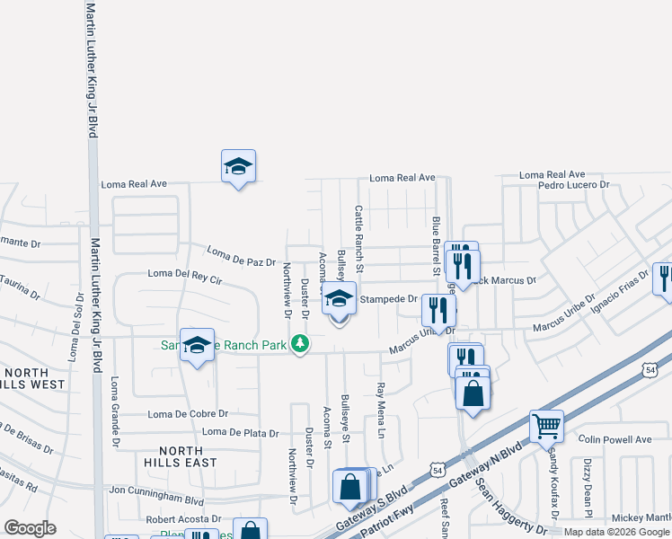 map of restaurants, bars, coffee shops, grocery stores, and more near 11313 Cattle Ranch Street in El Paso