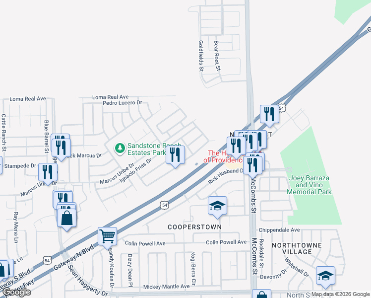 map of restaurants, bars, coffee shops, grocery stores, and more near 5549 Gustavo Madrid Lane in El Paso