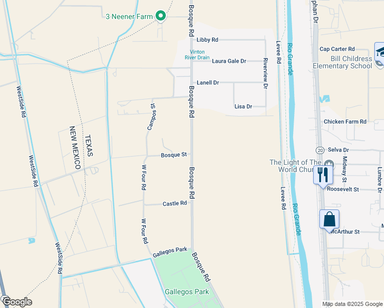 map of restaurants, bars, coffee shops, grocery stores, and more near Bosque Road in Anthony