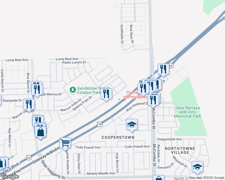map of restaurants, bars, coffee shops, grocery stores, and more near 5549 Gustavo Madrid Lane in El Paso