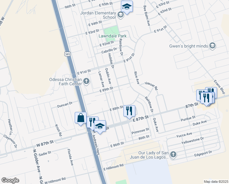 map of restaurants, bars, coffee shops, grocery stores, and more near 412 East 89th Street in Odessa