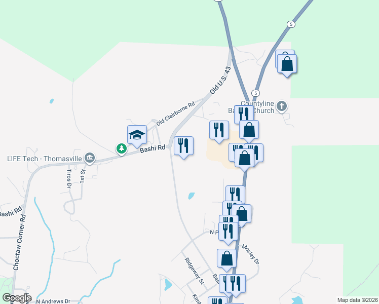 map of restaurants, bars, coffee shops, grocery stores, and more near 1922 Bashi Road in Thomasville