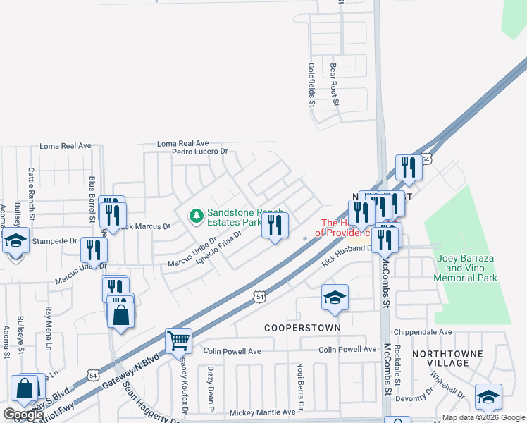 map of restaurants, bars, coffee shops, grocery stores, and more near 5521 Ignacio Frias Drive in El Paso